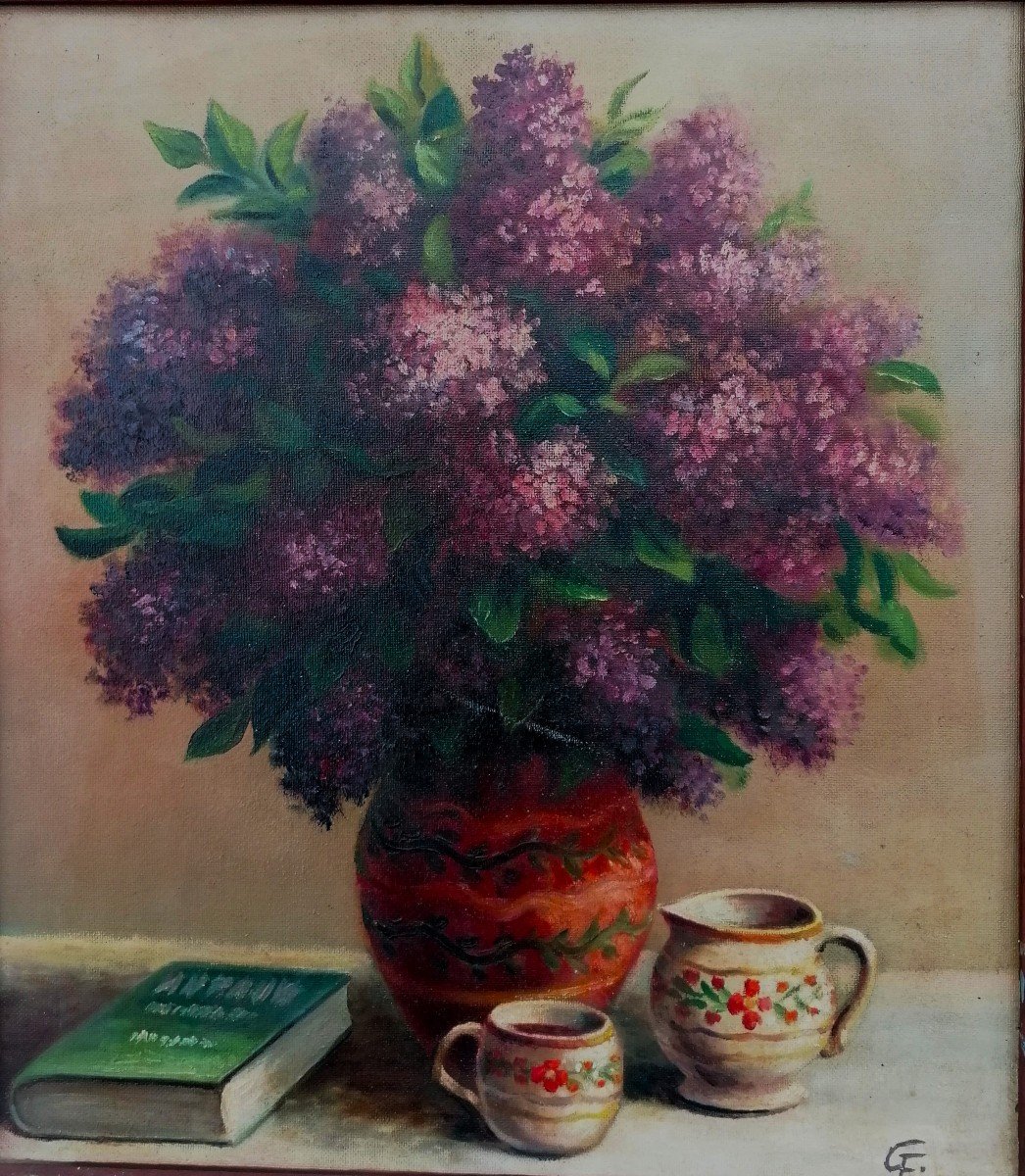 Oil On Canvas - Still Life With A Bouquet Of Lilacs - Monogram - XX Eme Century -