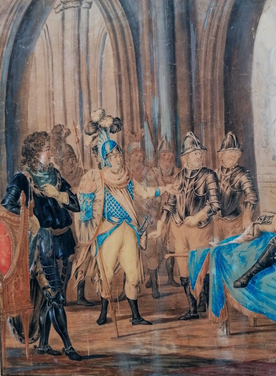 Historical Scene - Wash Drawing With Gouache Highlight - King Louis XIV - XVII E - Signature-photo-2
