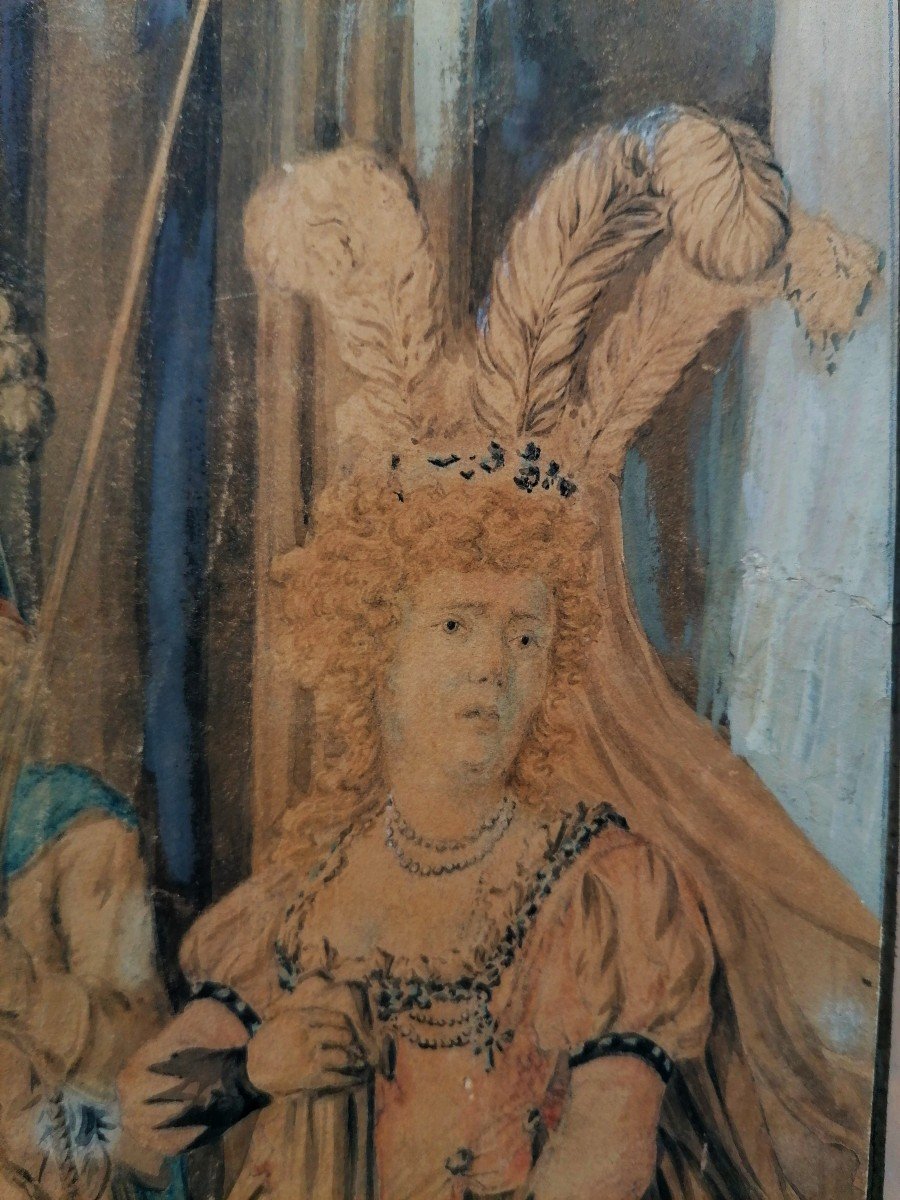 Historical Scene - Wash Drawing With Gouache Highlight - King Louis XIV - XVII E - Signature-photo-4