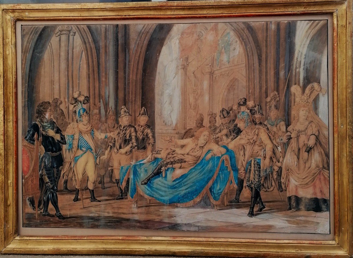 Historical Scene - Wash Drawing With Gouache Highlight - King Louis XIV - XVII E - Signature