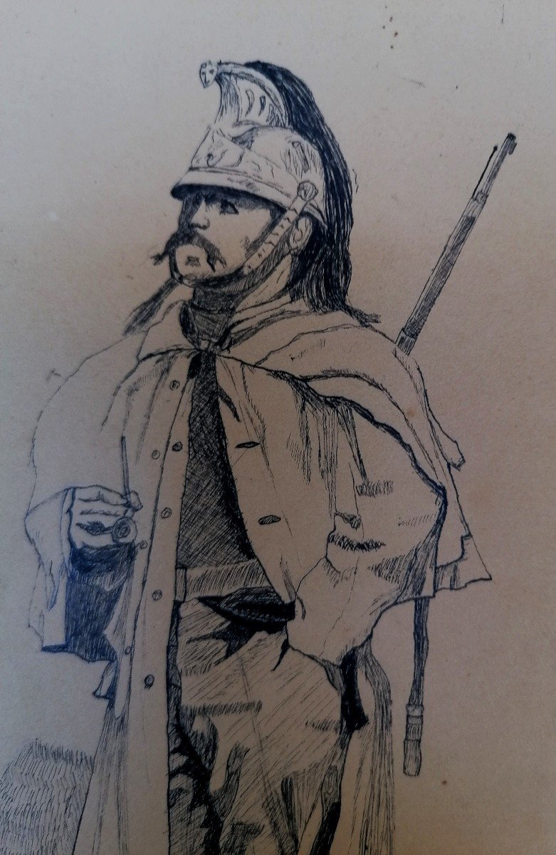 Dessin a La Plume - Portrait d'un Soldat De Cavalerie Cuirassier - R. Person - XIX Ou Début XX -photo-2