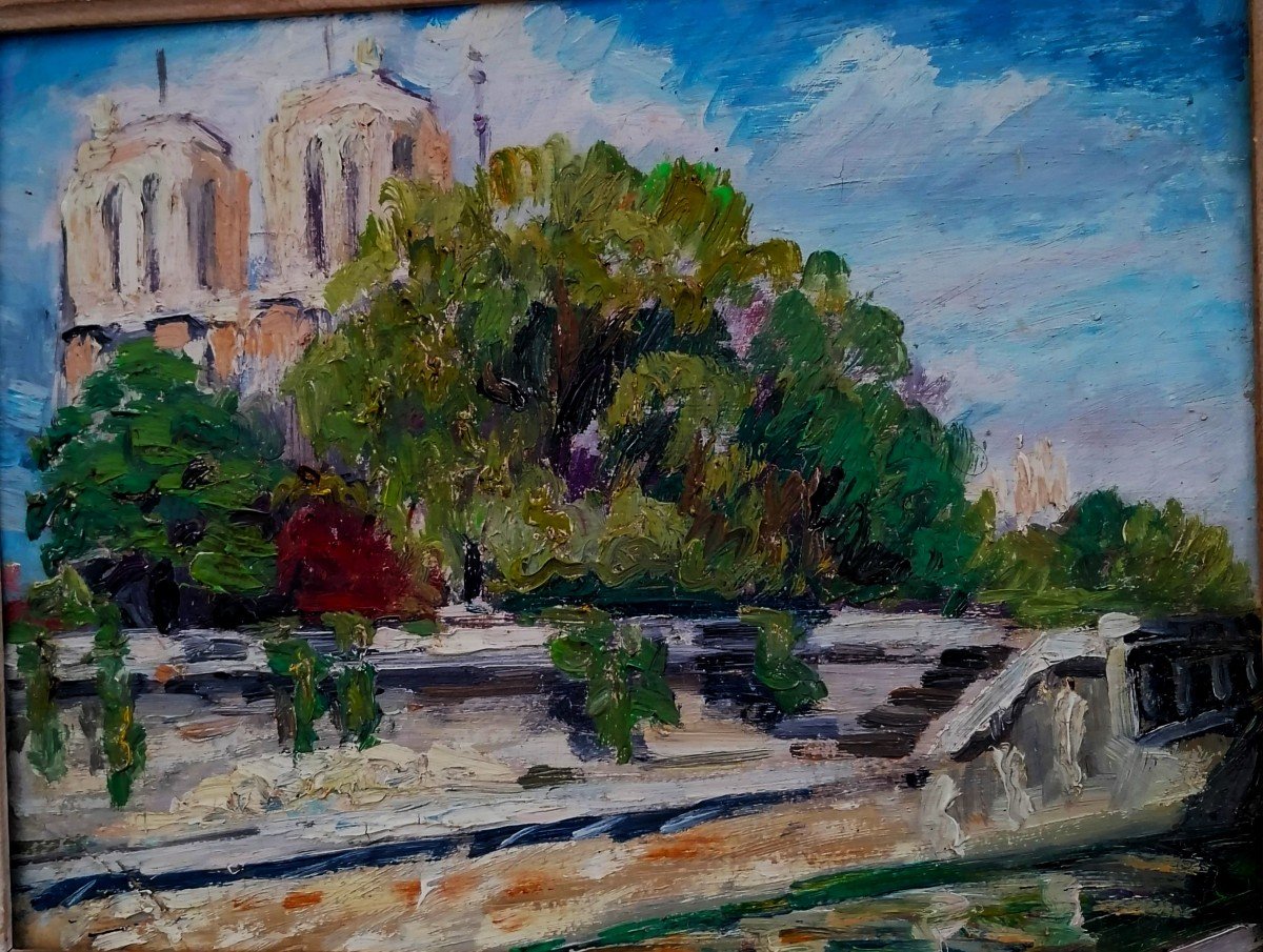 Huile Sur Carton - Notre Dame De Paris - Post Impressionniste - XX Eme Siècle -