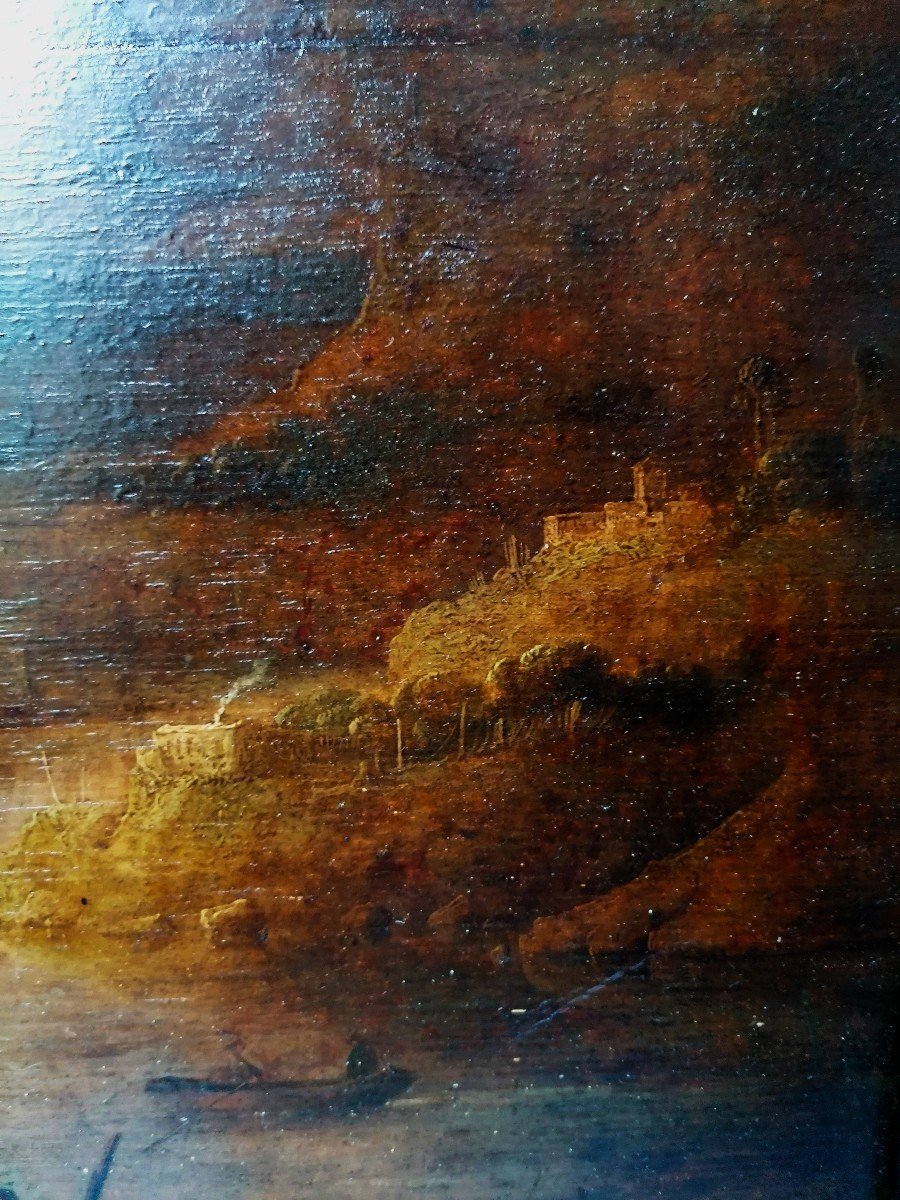 Oil On Oak - Northern School - Animated Landscape - 18th Century Period --photo-3