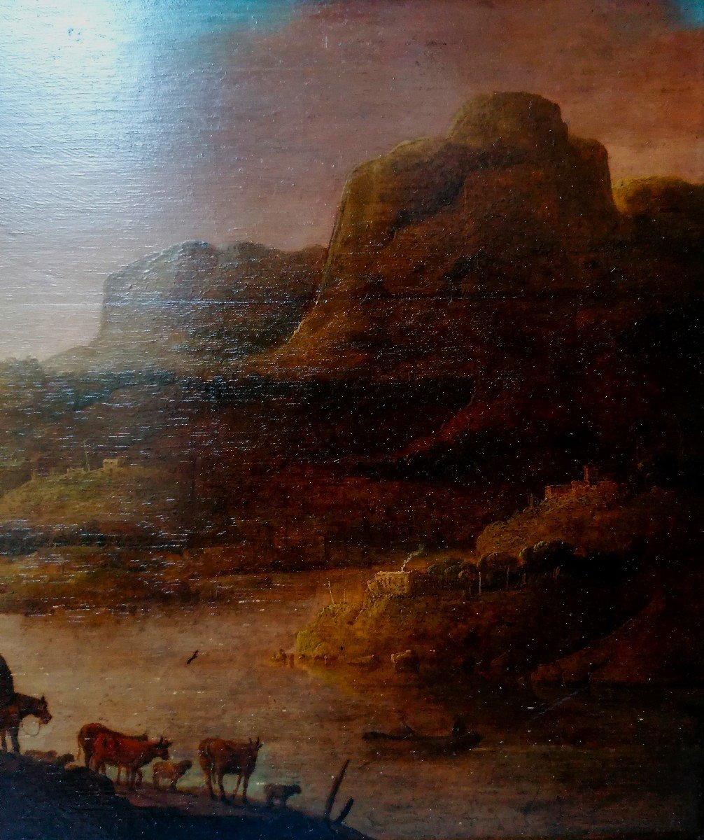 Oil On Oak - Northern School - Animated Landscape - 18th Century Period --photo-4