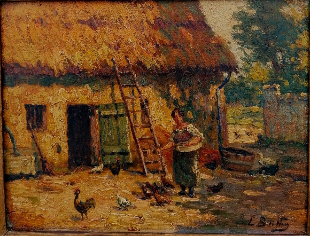 Léon Ballin - Huile sur Bois - Ferme Animée - Basse-cour - Impressionniste - XIX-XXème  - 1/2 -