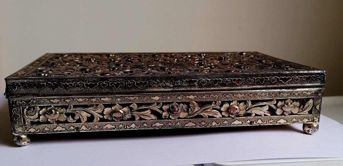 Box - Openwork Silver Metal - Decorated With Flowers And Dragon - Japan - Meiji Period --photo-3