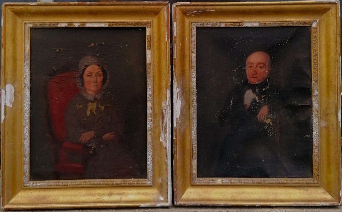Paire de Portraits A Restaurer - Circa 1830 - Huile Sur Toile - 