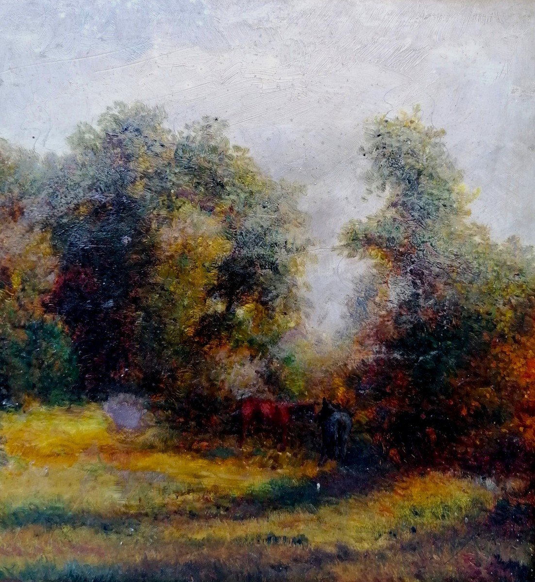 Oil On Wood - Landscape With Horses - Barbizon - 19th Century - -photo-3