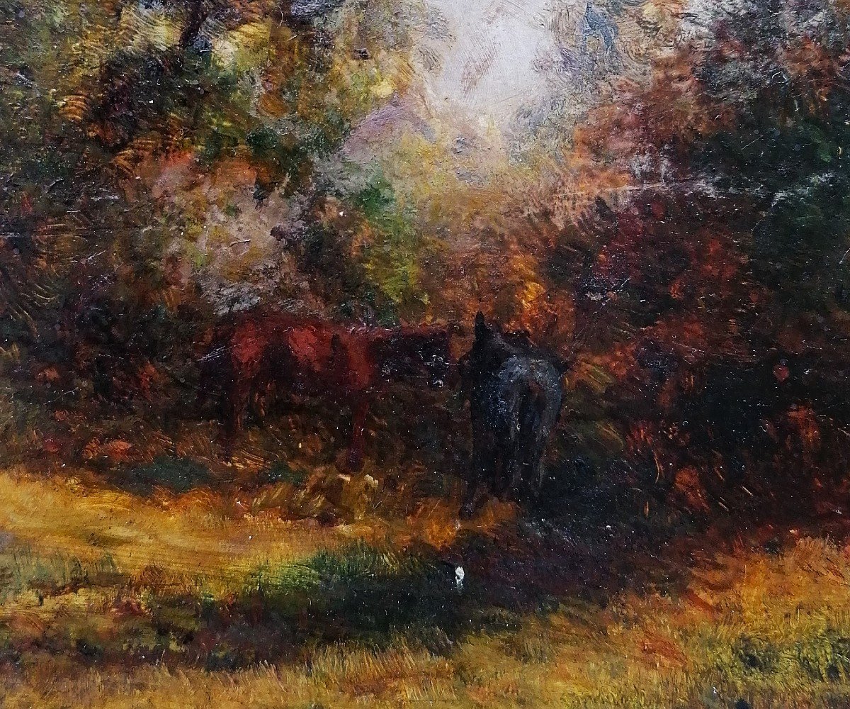 Oil On Wood - Landscape With Horses - Barbizon - 19th Century - 