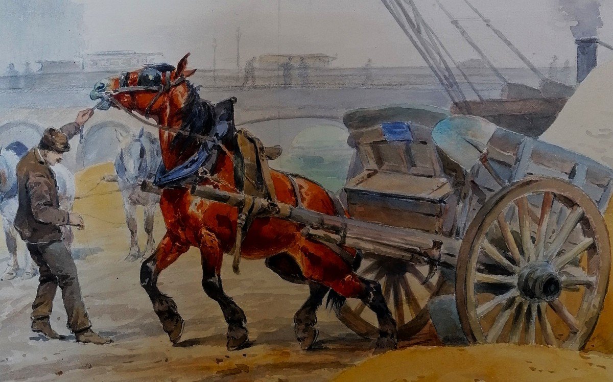 Aquarelle - Odette Durand ( 1885-1972 ) Dite Dett - Attelage Sur Les Quais -  -photo-2