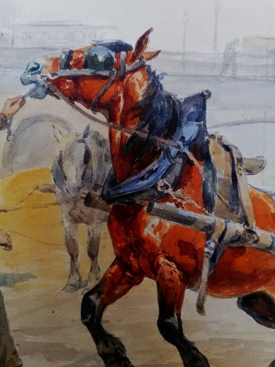 Aquarelle - Odette Durand ( 1885-1972 ) Dite Dett - Attelage Sur Les Quais -  -photo-4