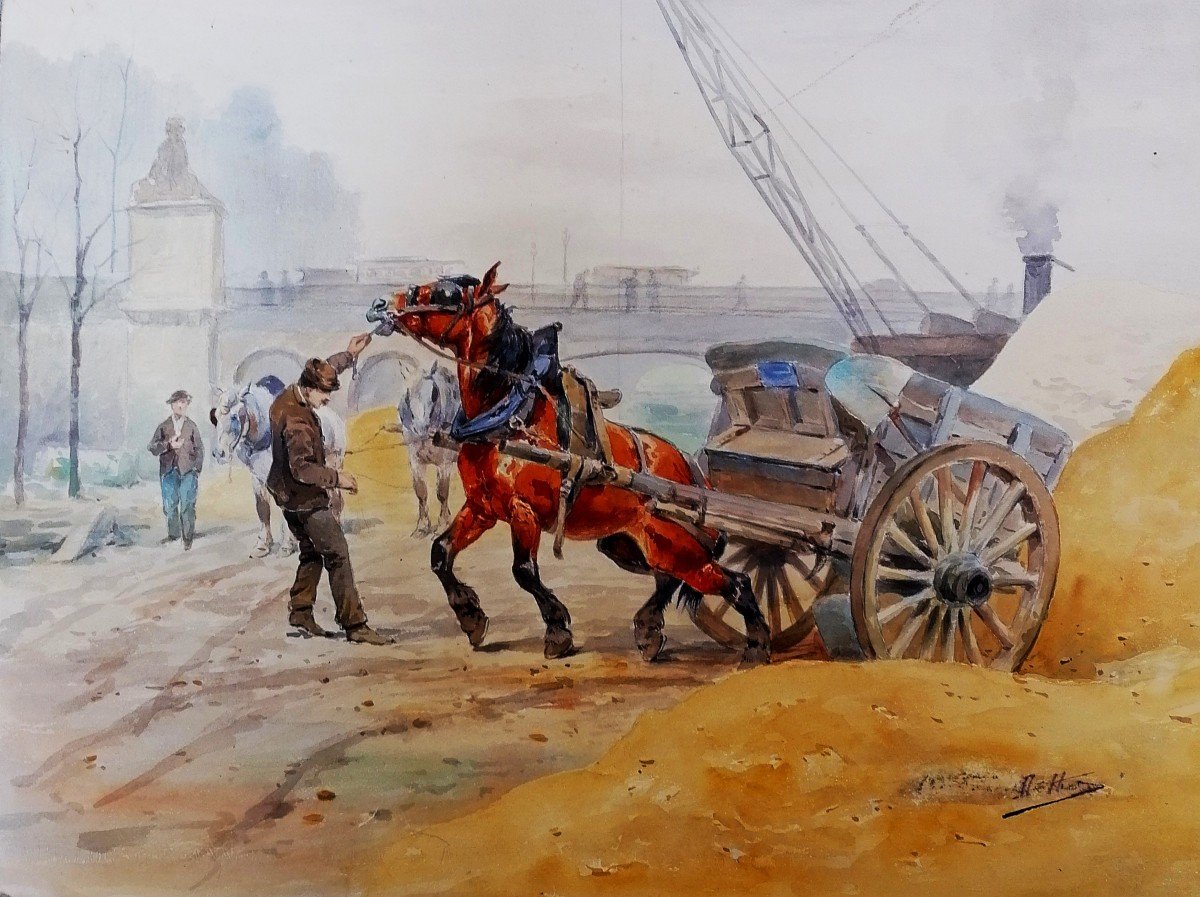 Aquarelle - Odette Durand ( 1885-1972 ) Dite Dett - Attelage Sur Les Quais -  