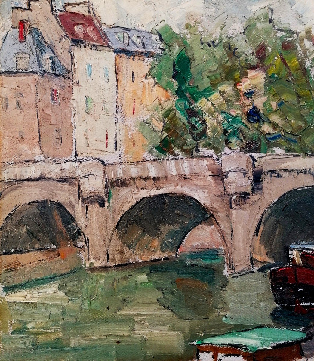 Oil On Canvas - Le Pont Marie - Paris - Post Impressionist School - Circa 1950 --photo-2