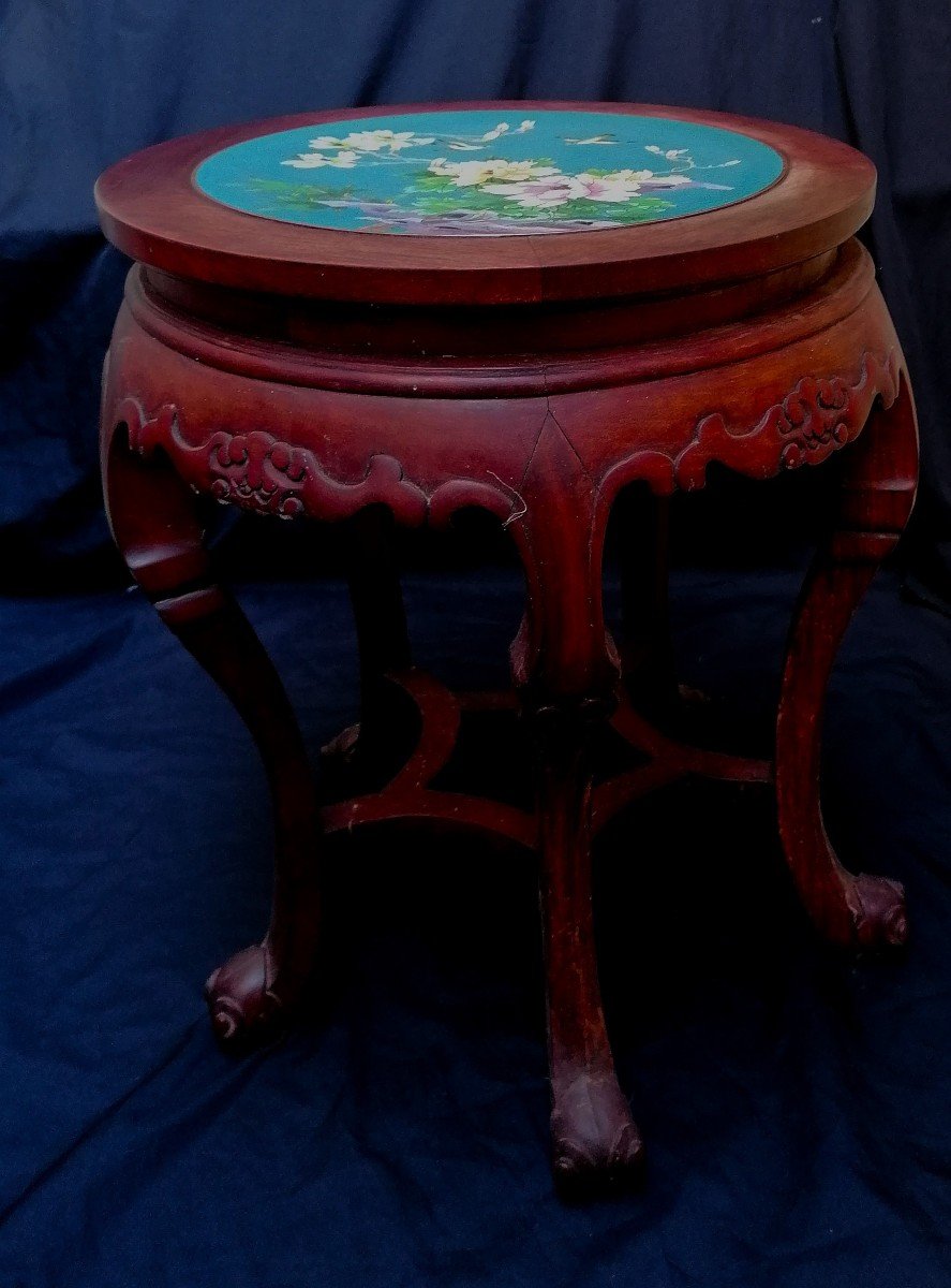 China - Bolster - Stool - Exotic Wood Cloisonne Top - From A Pair - Early 20th Century --photo-2