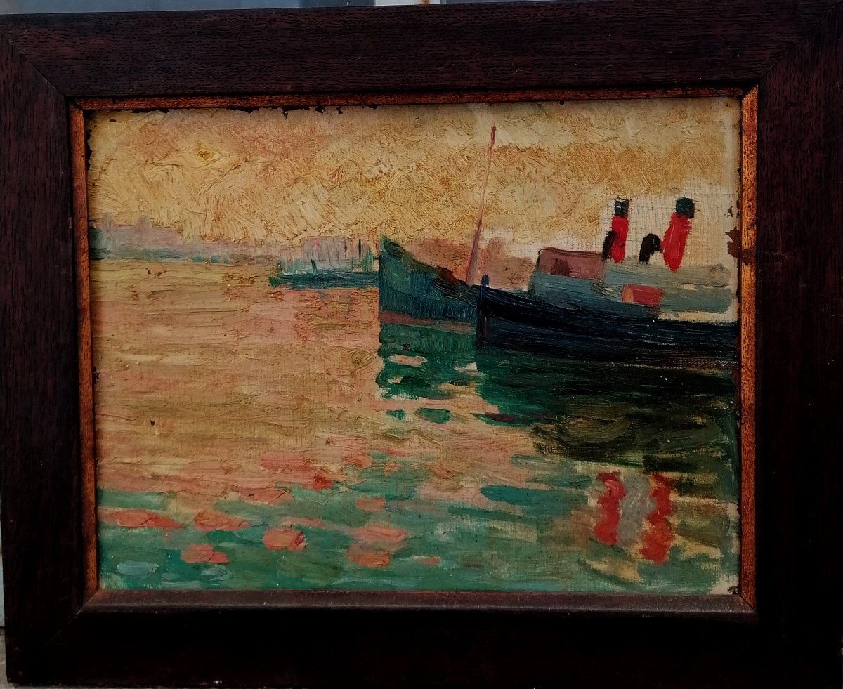 Huile sur Toile - Marine - Touche Post Impressionniste - Fin XIXème - Début XXème - Port --photo-1