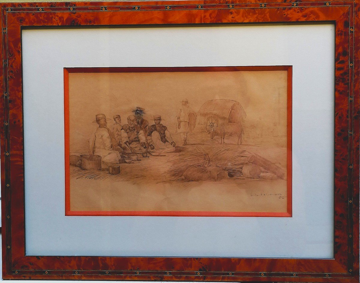Aquarelle et Lavis d'encre - Victor RASOANAIVO - 1929 - Ecole Malgache - Scène de Village Animé-photo-2