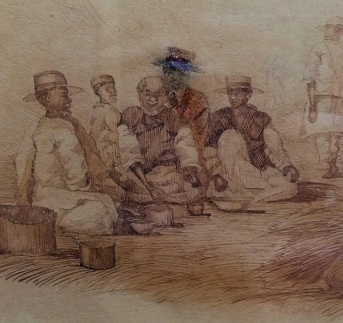 Aquarelle et Lavis d'encre - Victor RASOANAIVO - 1929 - Ecole Malgache - Scène de Village Animé-photo-3
