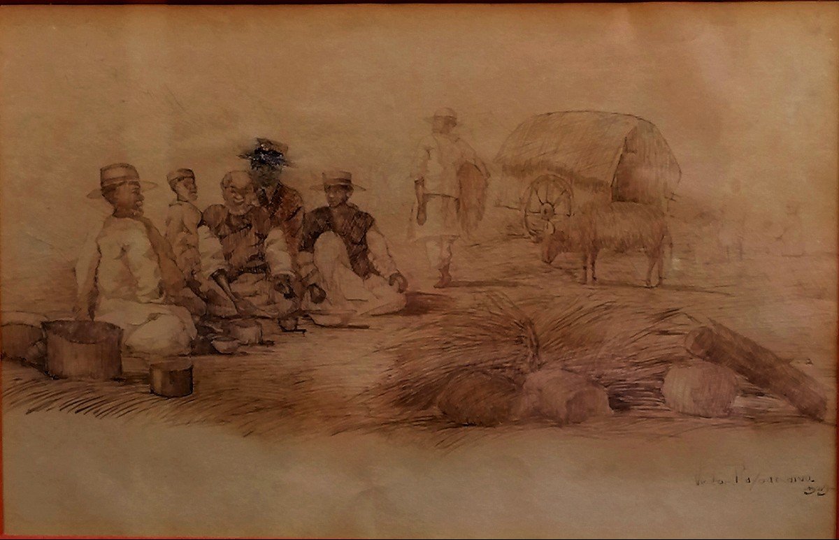 Aquarelle et Lavis d'encre - Victor RASOANAIVO - 1929 - Ecole Malgache - Scène de Village Animé