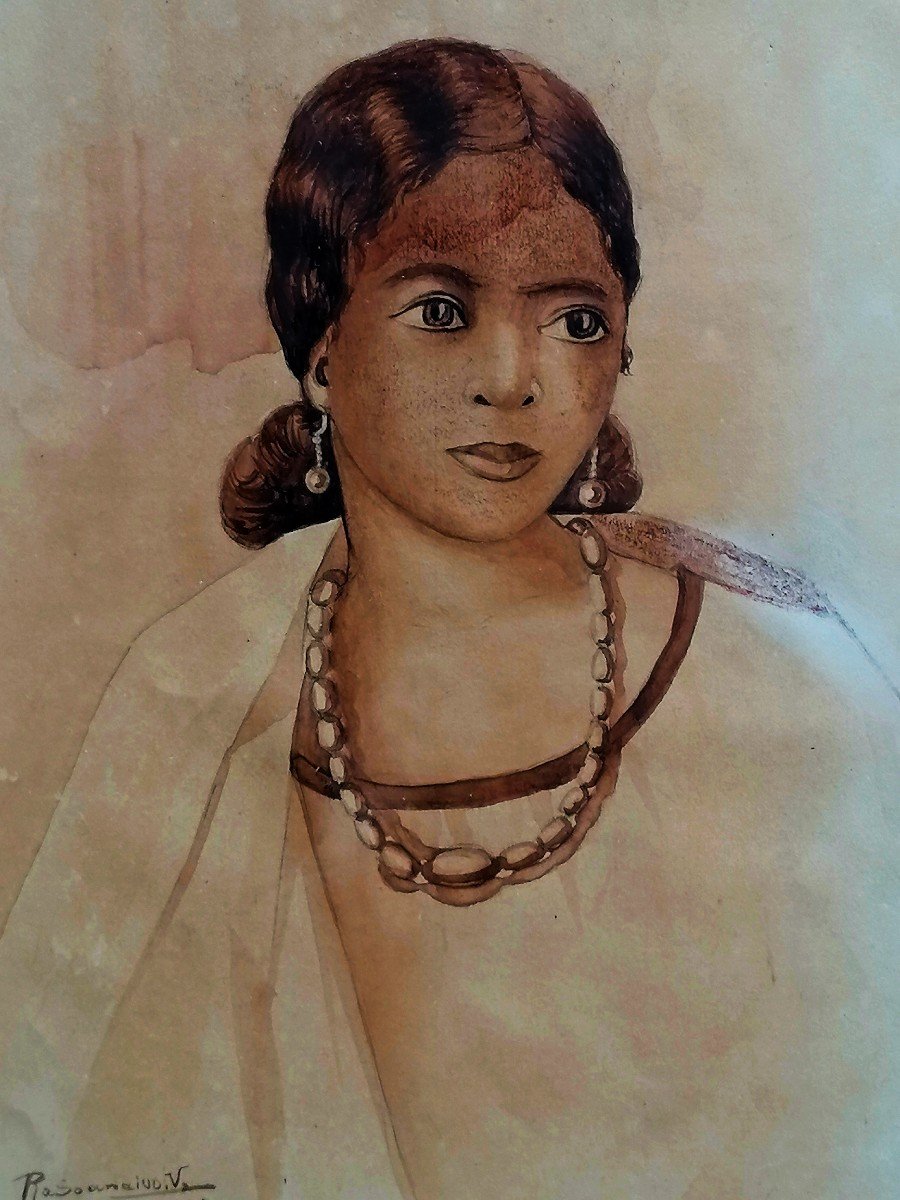 Watercolor - Wash - Victor Rasoanaivo 1929 - Portrait Of A Young Hova Woman - Madagascar --photo-2