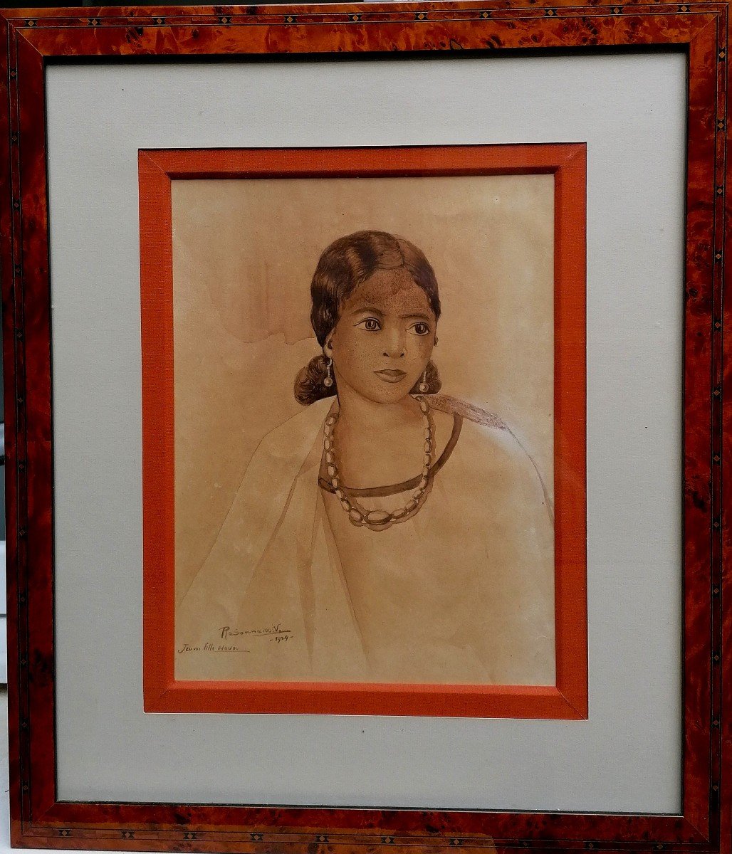 Watercolor - Wash - Victor Rasoanaivo 1929 - Portrait Of A Young Hova Woman - Madagascar --photo-1