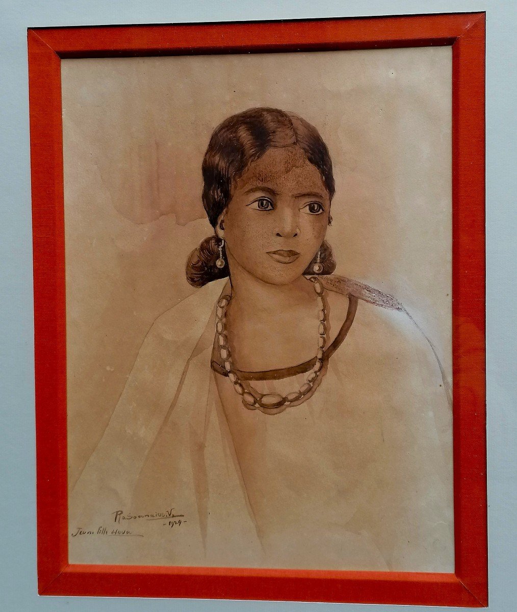 Watercolor - Wash - Victor Rasoanaivo 1929 - Portrait Of A Young Hova Woman - Madagascar -