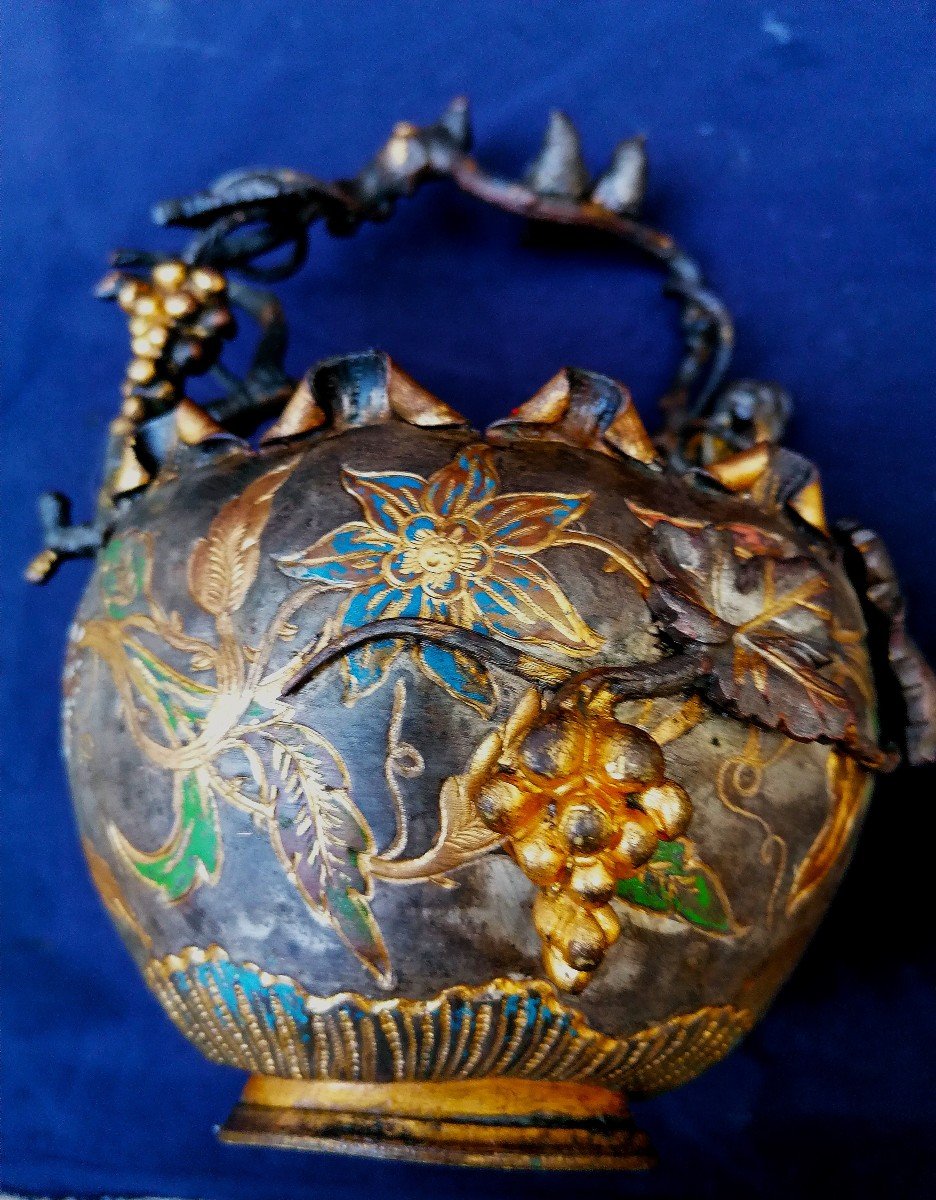 Panier - Bronze et Laiton Doré - Argenté - Emaillé - Naturaliste - XIXème - Japonisant - Vigne -photo-4