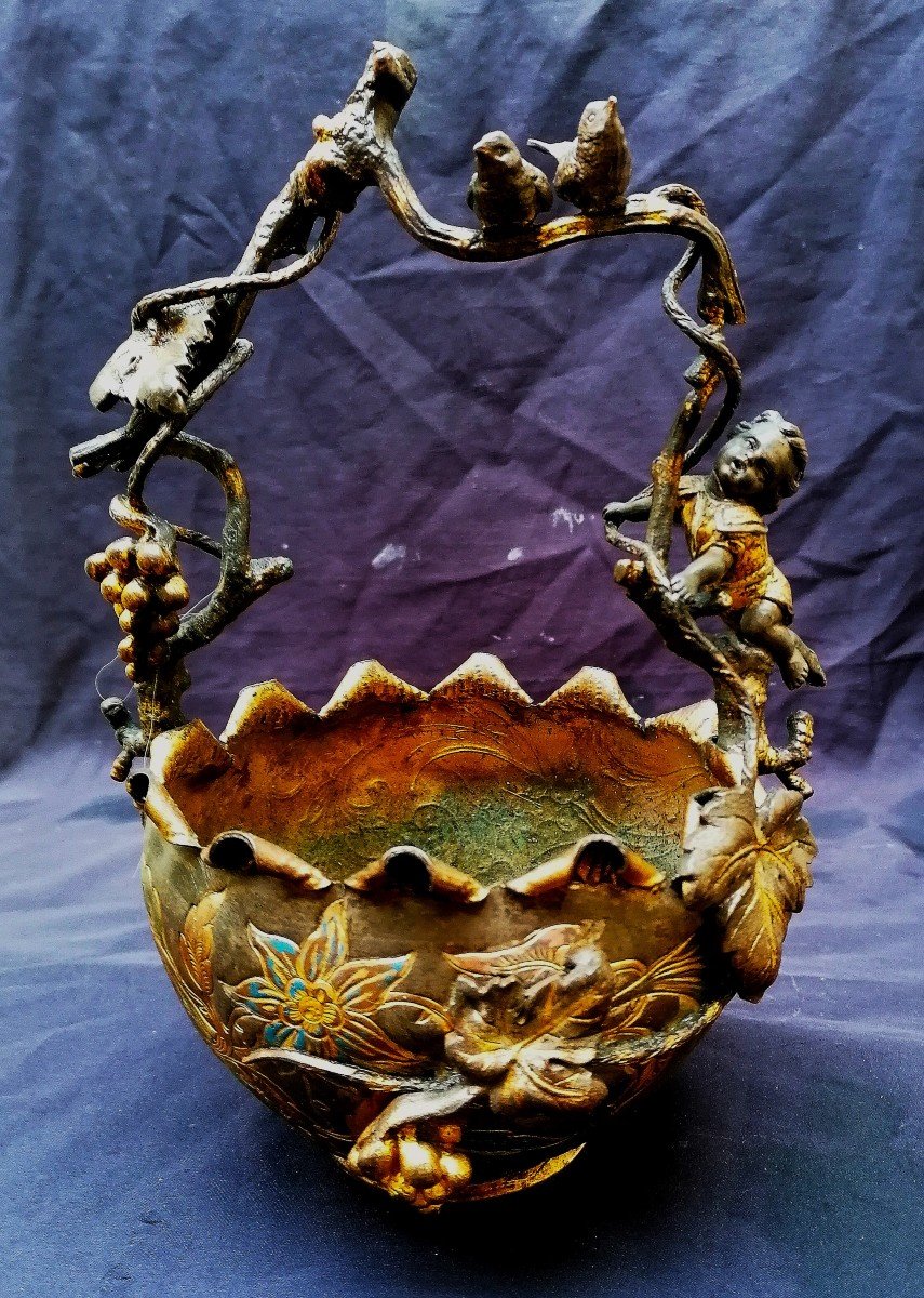 Panier - Bronze et Laiton Doré - Argenté - Emaillé - Naturaliste - XIXème - Japonisant - Vigne 