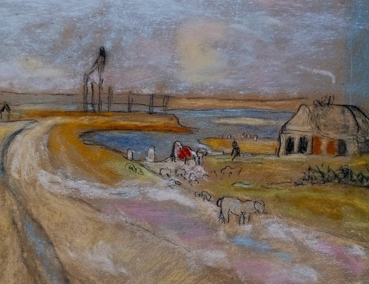 Edmond Bertreux 1911-1991 - View Of Mont Saint Michel - Pastel - Nantes School - Mid 20th Century --photo-3