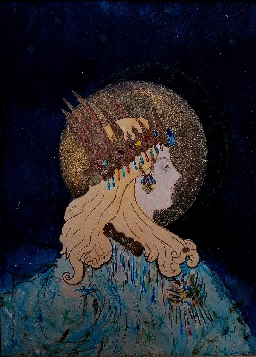 Ecole Symboliste Art Nouveau - Aquarelle - Encre et Or - Epoque 1900 - Portrait -