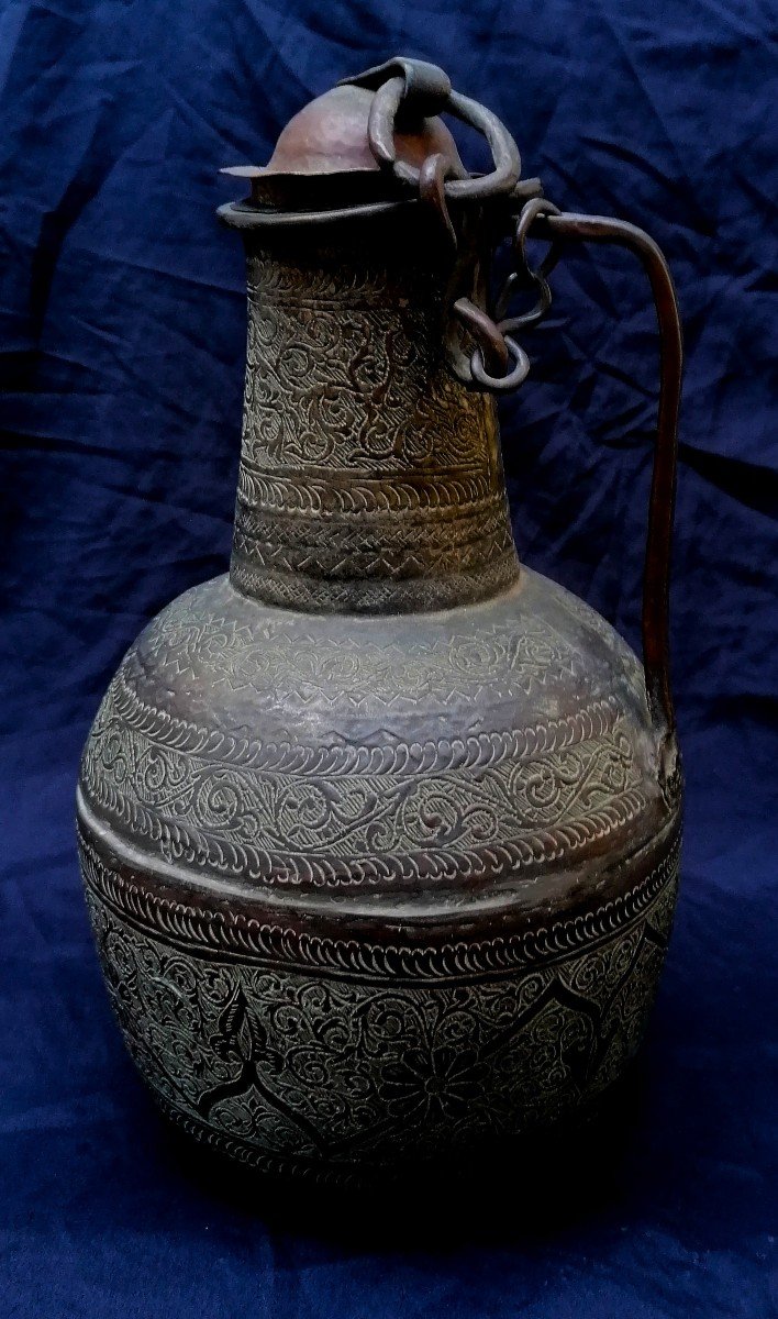  Tinned Copper Jug - Persia - Iran - 19th Century - Qajar? - Beautiful Chiseling And Patina -