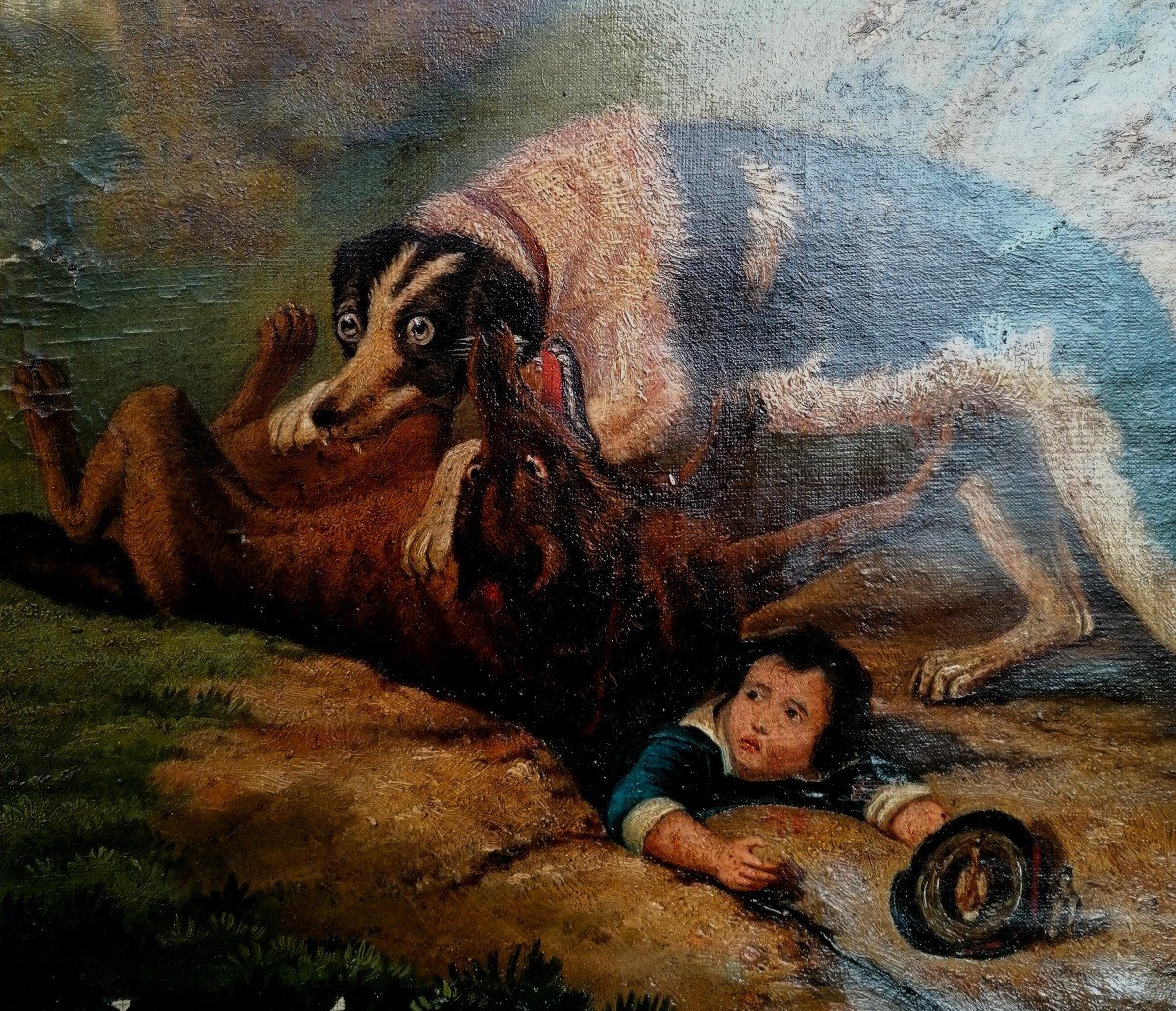 Gaston Barat 1883 - Chien Terrassant un Loup pour Sauver un Enfant - Huile sur Toile --photo-3