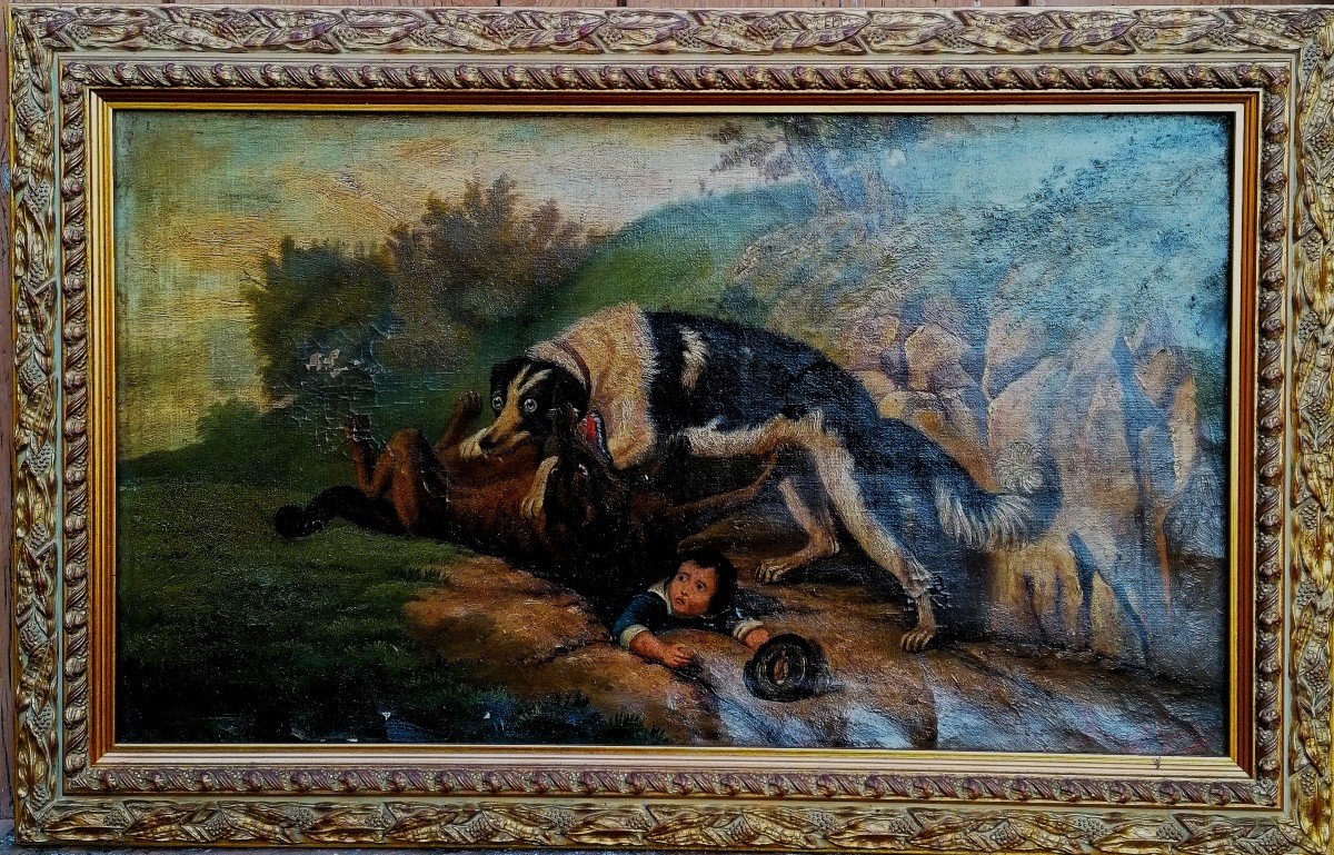 Gaston Barat 1883 - Chien Terrassant un Loup pour Sauver un Enfant - Huile sur Toile -