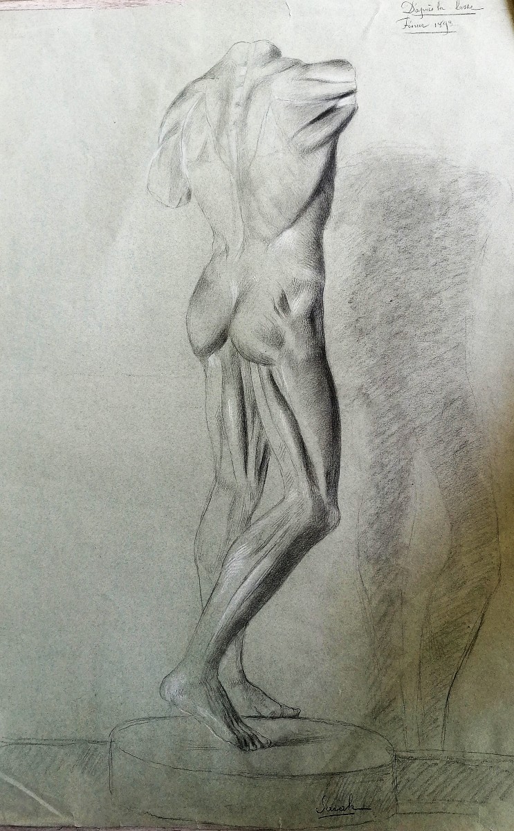 Academic And Anatomical Drawing - Made After "la Bosse" - Male Nude - Dated 1893 -