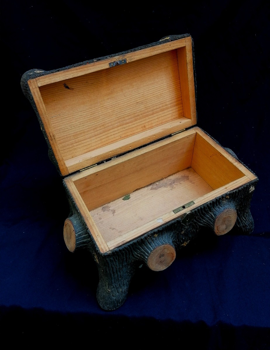 ATYPIQUE COFFRET FORET NOIRE - TROMPE L'OEIL - PLAQUAGE D'ECORCE - XIXEME - -photo-1