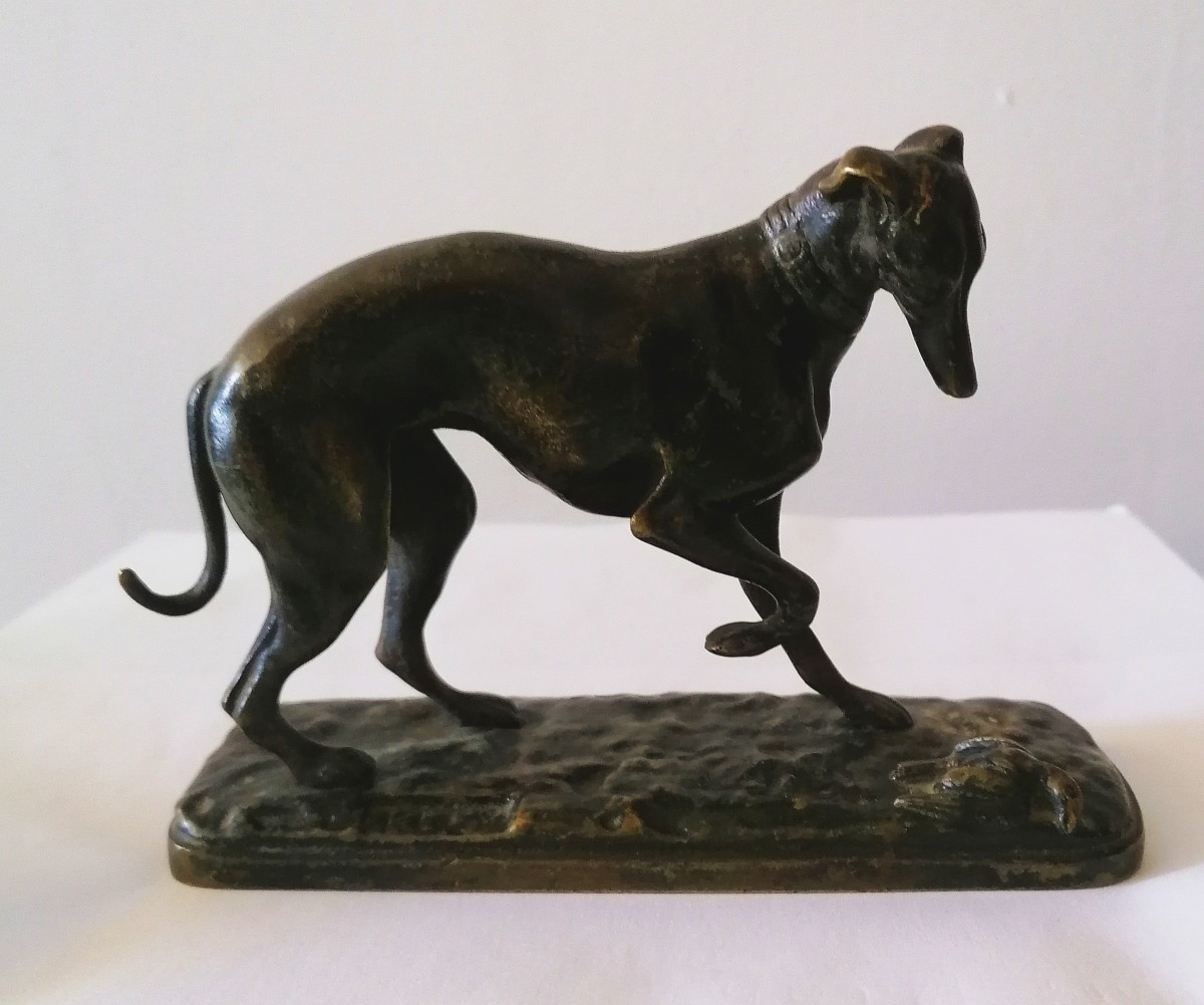 Louis Kley (1833-1911) - Greyhound Stopping In Front Of A Bird - Bronze Sculpture - -photo-2