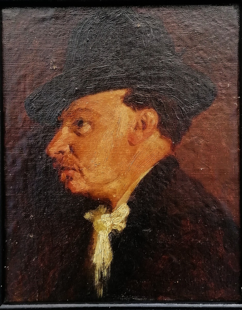 Oil On Canvas - Profile Portrait - Man With Hat And Tie - 19th Century --photo-2