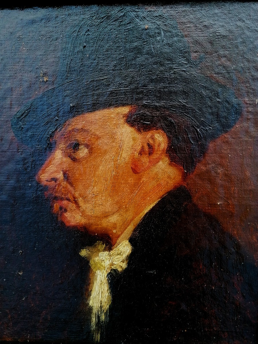 Oil On Canvas - Profile Portrait - Man With Hat And Tie - 19th Century --photo-4