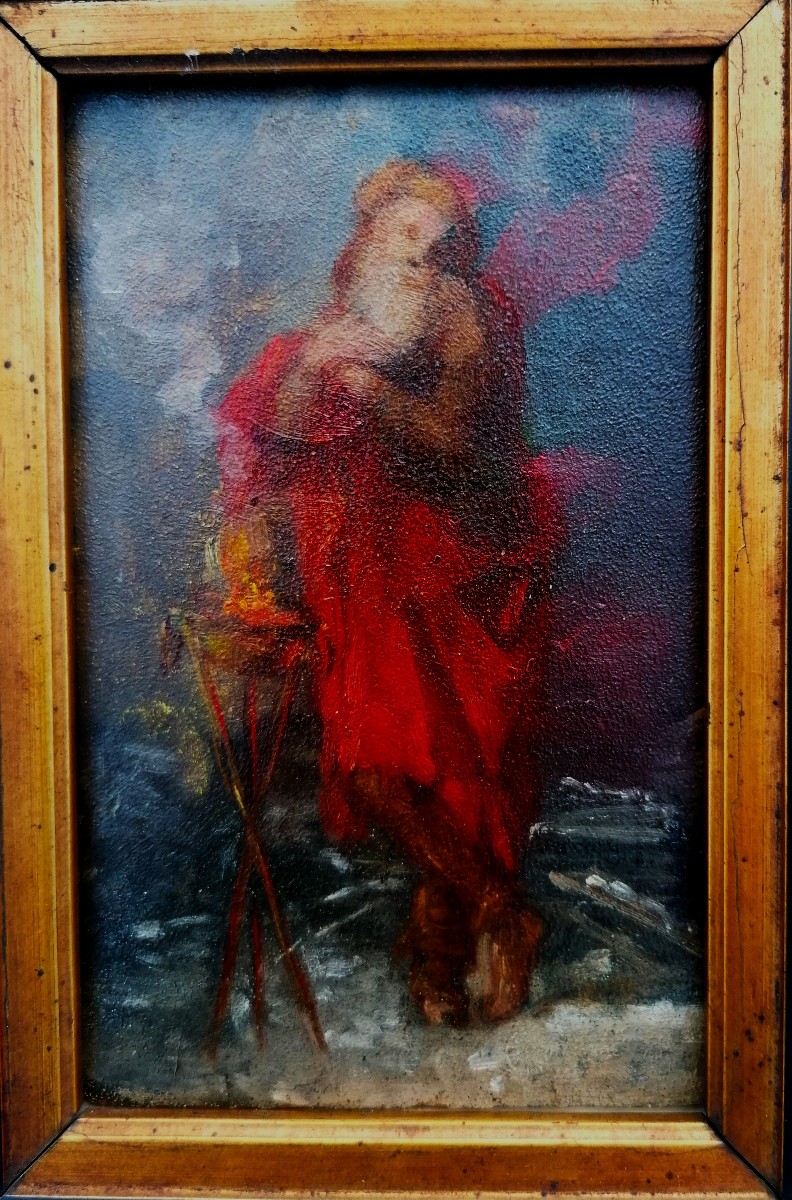 HUILE SUR CARTON - VIEILLARD ET UN BRASERO  DANS LA NEIGE - D'APRES L'ANTIQUE - XIXEME SIECLE --photo-2
