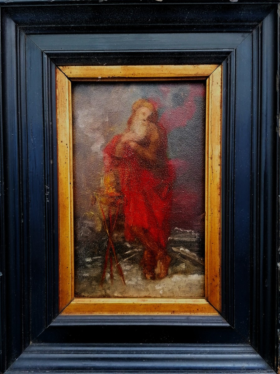 HUILE SUR CARTON - VIEILLARD ET UN BRASERO  DANS LA NEIGE - D'APRES L'ANTIQUE - XIXEME SIECLE -
