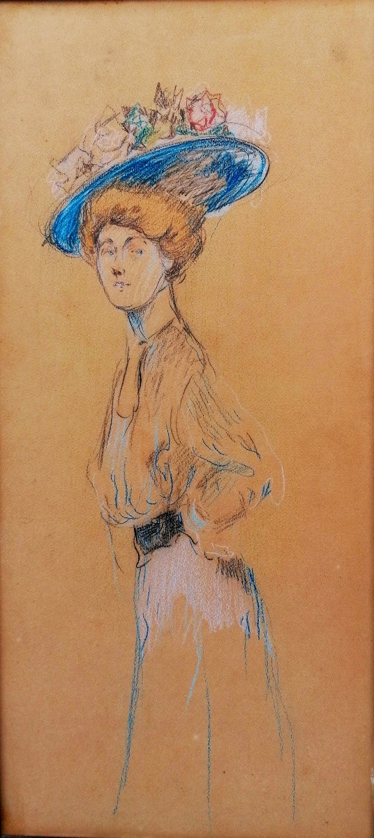 DESSIN AUX CRAYONS GRAS - PORTRAIT - JEUNE FEMME AU CHAPEAU - STYLE ART NOUVEAU - 