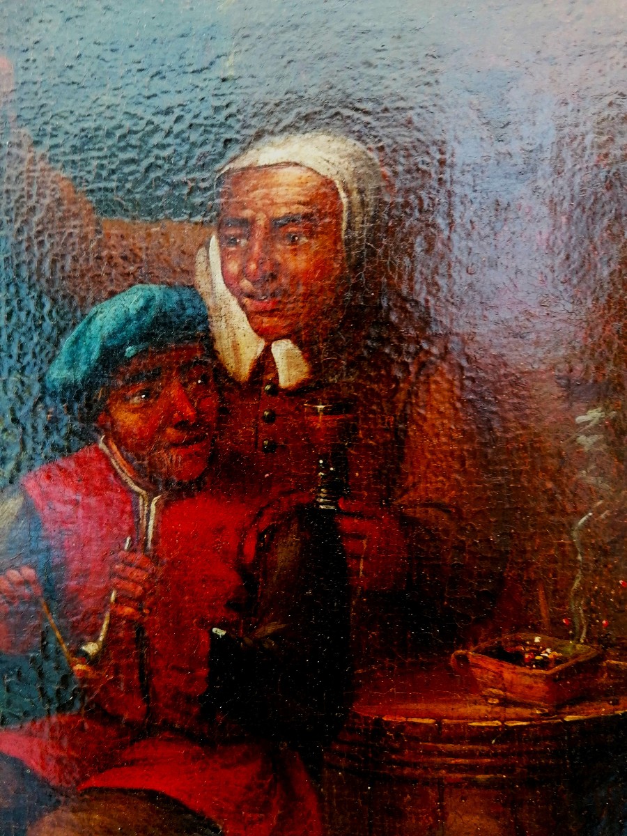 HUILE SUR TOILE - SUIVEUR DE TESNIERS - ECOLE FLAMANDE DU XVIIEME - SCENE DE TAVERNE --photo-1