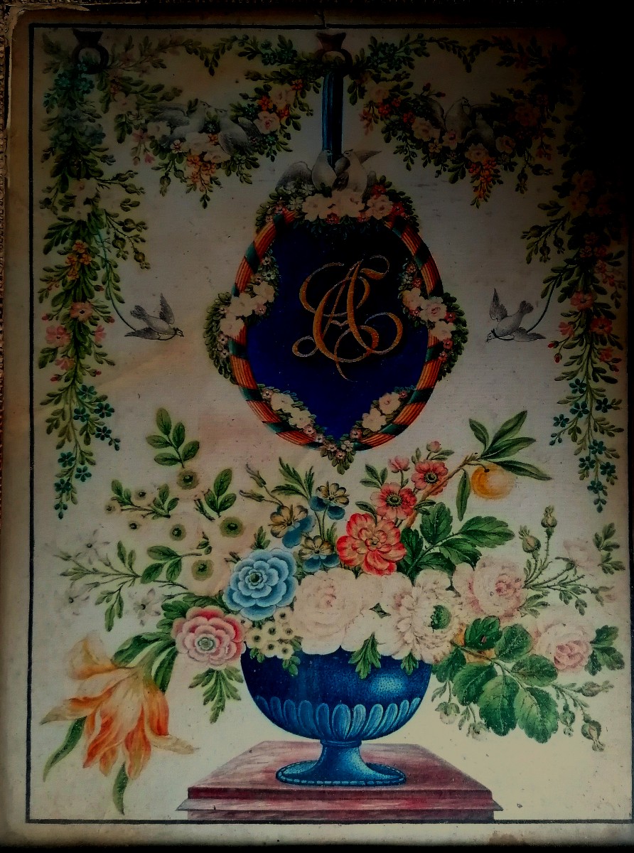 Bouquet Of Flowers - Gouache And Watercolor - 18th Century - Doves And Garlands - Number --photo-2