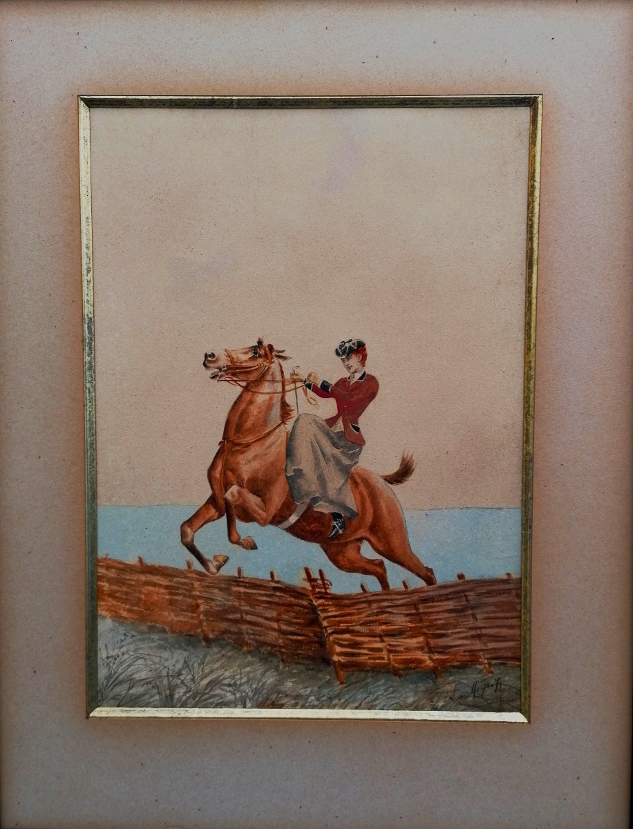 L. Meyer - Pair Of Watercolors - Amazone - Equestrianism - Jumping - Thoroughbred - 19th-20th C. --photo-2