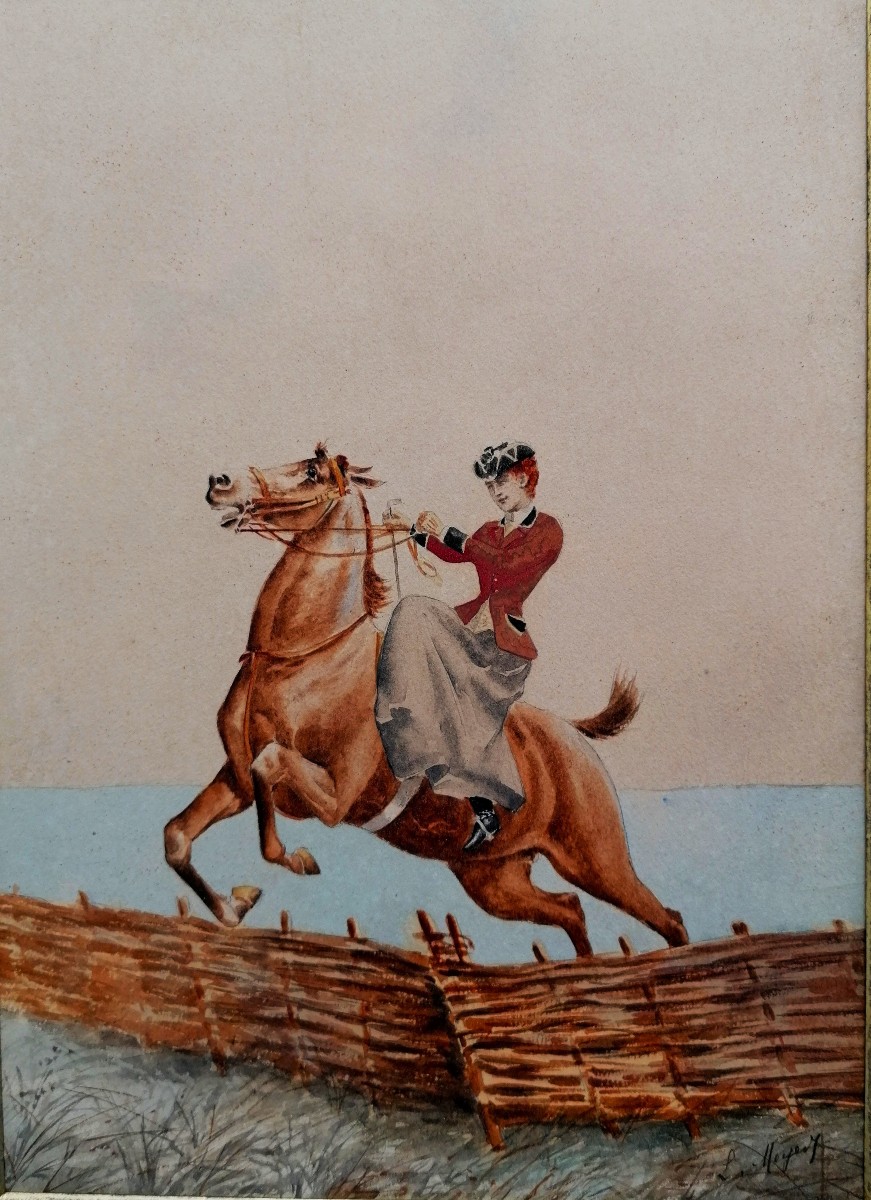 L. Meyer - Pair Of Watercolors - Amazone - Equestrianism - Jumping - Thoroughbred - 19th-20th C. --photo-1
