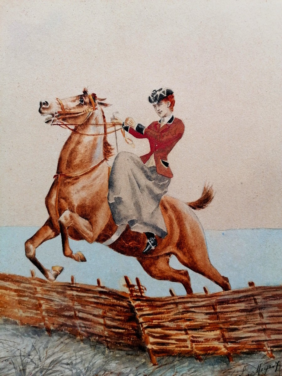 L. Meyer - Pair Of Watercolors - Amazone - Equestrianism - Jumping - Thoroughbred - 19th-20th C. --photo-3