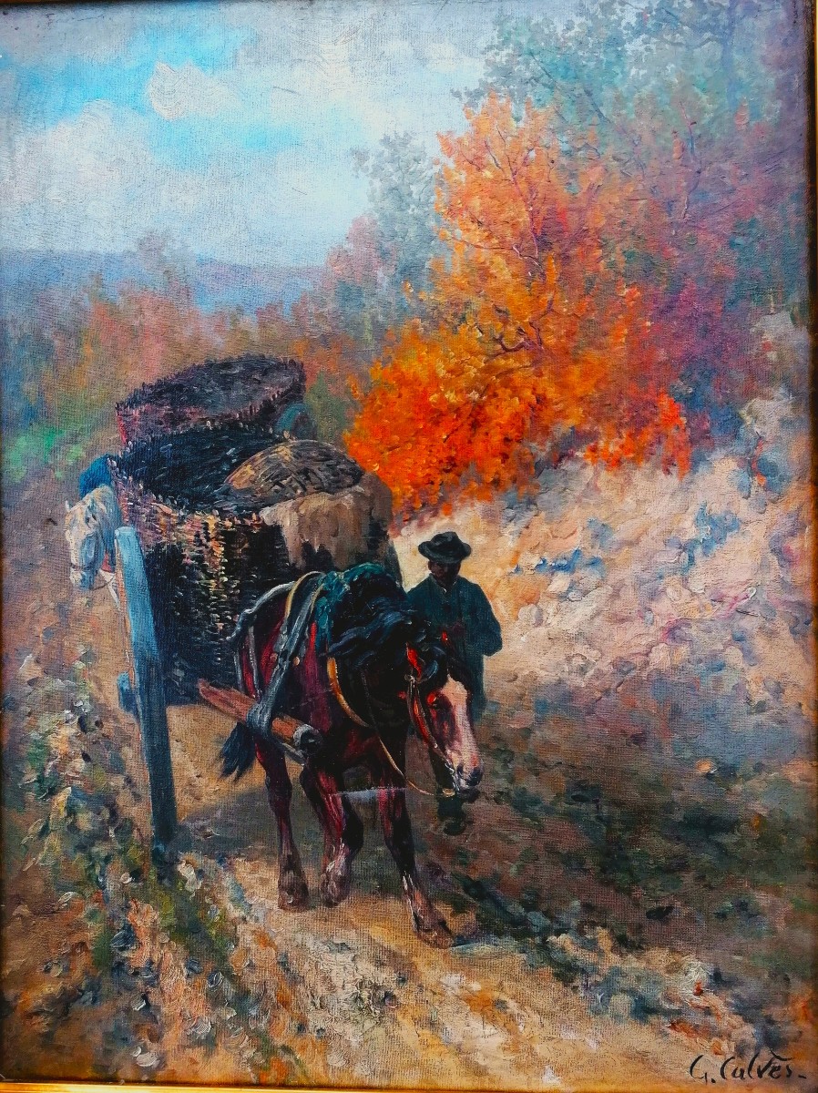 Leon Georges Calves - Oil On Canvas - The Return From The Harvest - Horse Drawing - -photo-2