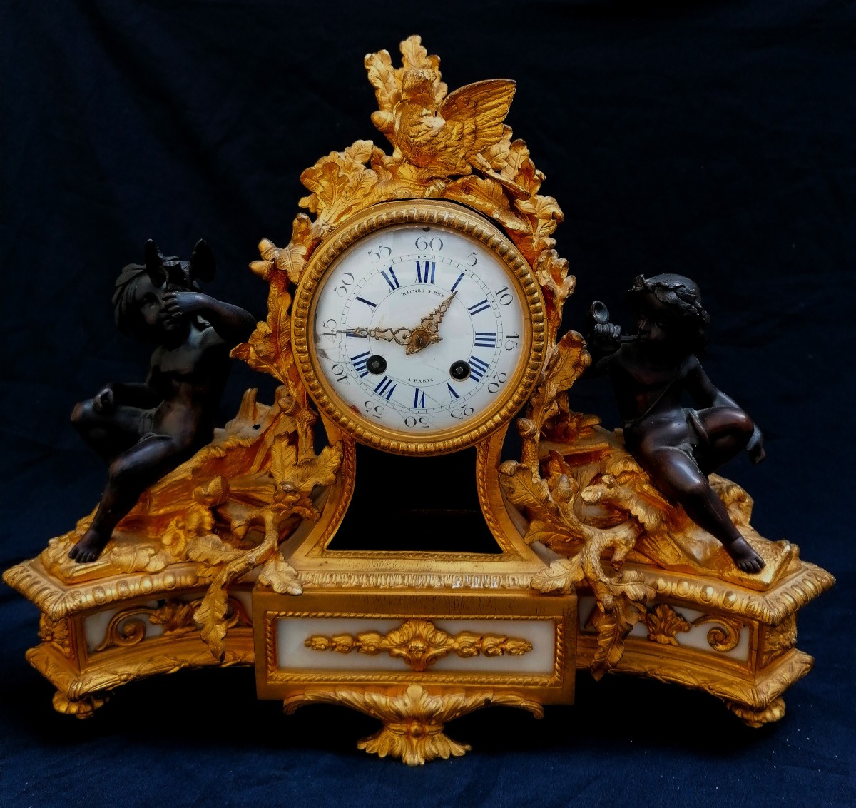 PENDULE RAINGO FRERES A PARIS - BRONZE DORE ET PATINE - EPOQUE XIXEME - -photo-2