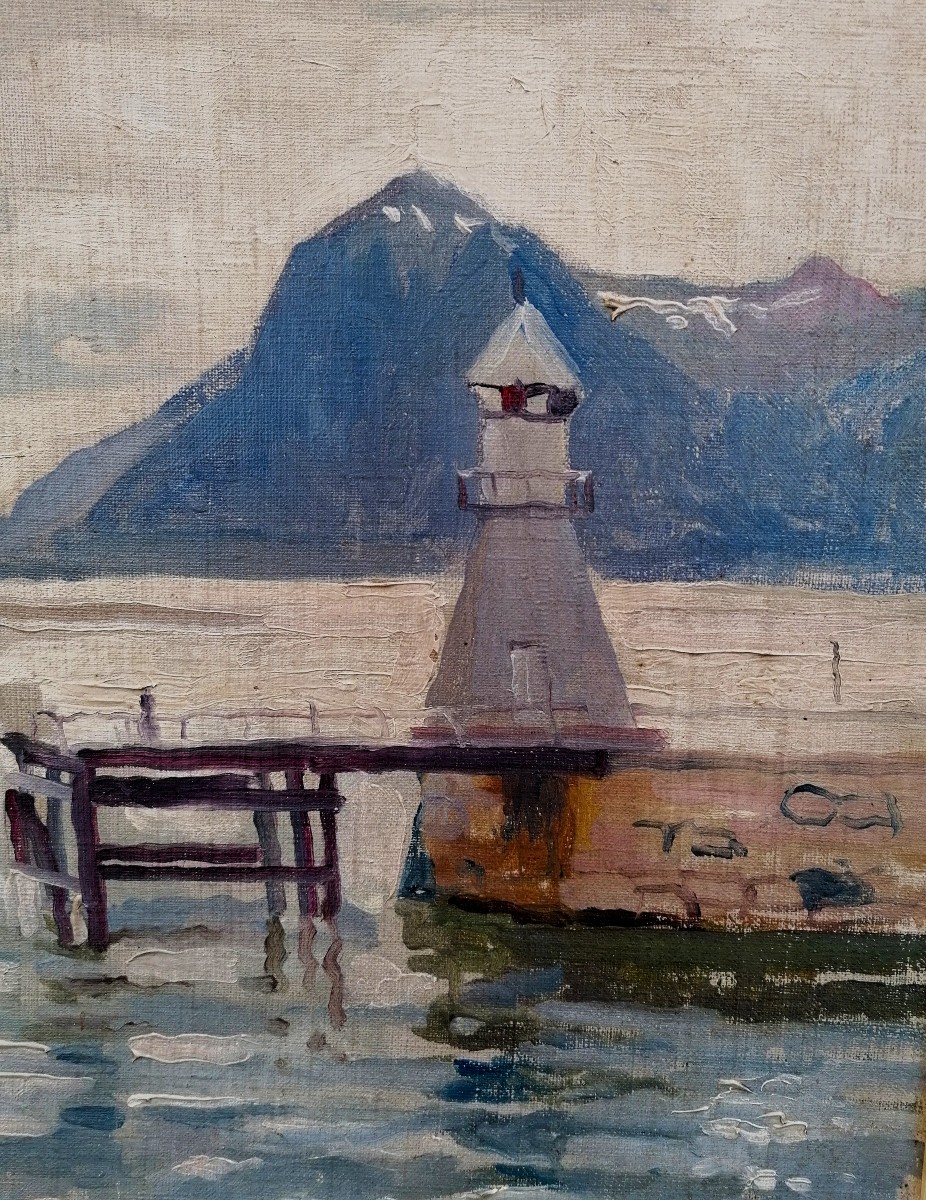 Jacques Archambault - View Of The Fjord And Mountains Opposite Molde In Norway - Circa 1929 - Hst -photo-3