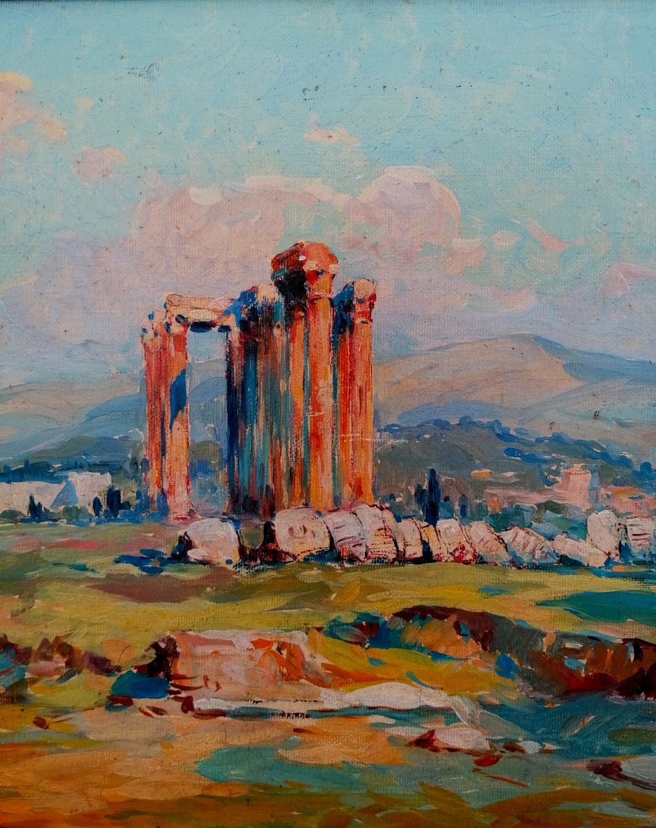 Marius Hubert Robert - Oil On Canvas - View Of The Ruins On The Hills Of Athens - Period 20-photo-4