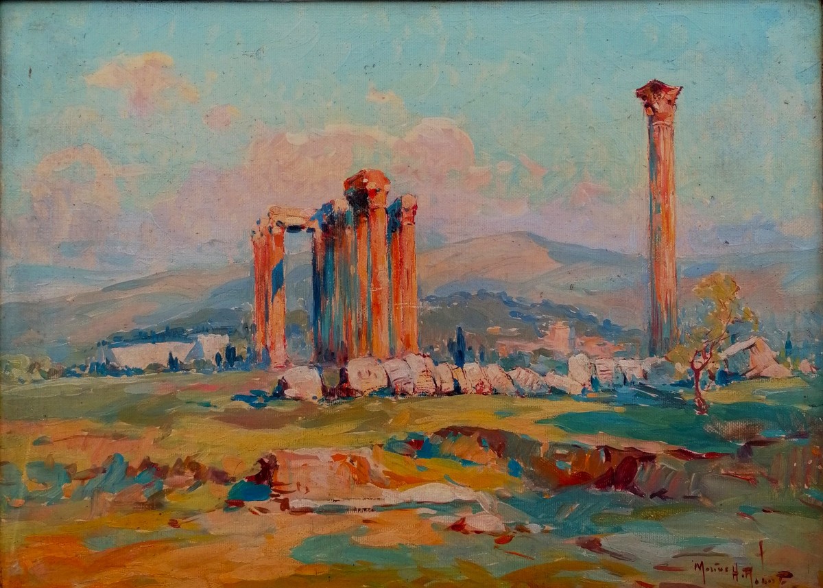 Marius Hubert Robert - Oil On Canvas - View Of The Ruins On The Hills Of Athens - Period 20